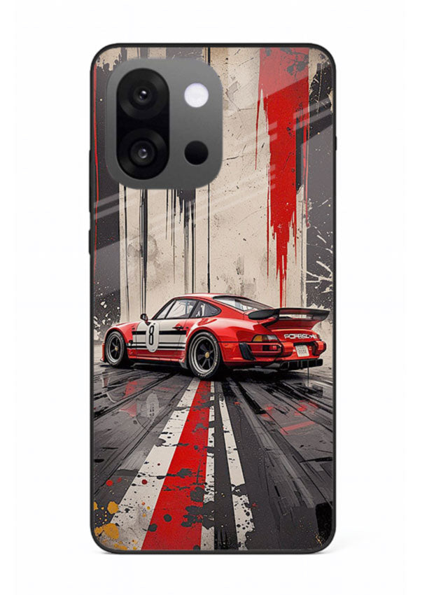 Porsche sports car with red and black stripes in urban street style background for OnePlus 13s