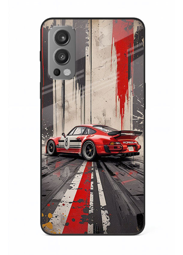 Porsche sports car with red and black stripes in urban street style background for OnePlus Nord 2