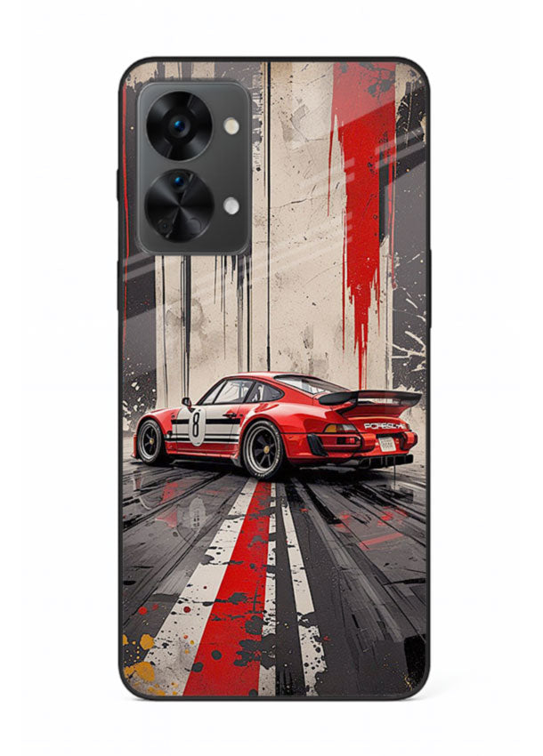 Porsche sports car with red and black stripes in urban street style background for OnePlus Nord 2T