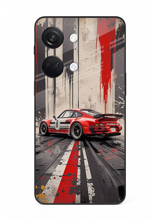 Porsche sports car with red and black stripes in urban street style background for OnePlus Nord 3
