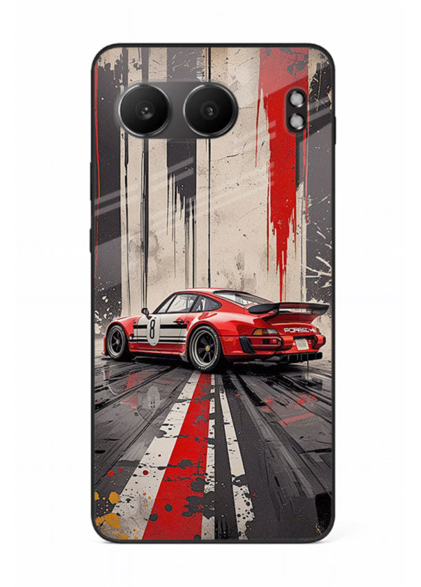 Porsche sports car with red and black stripes in urban street style background for OnePlus Nord 4