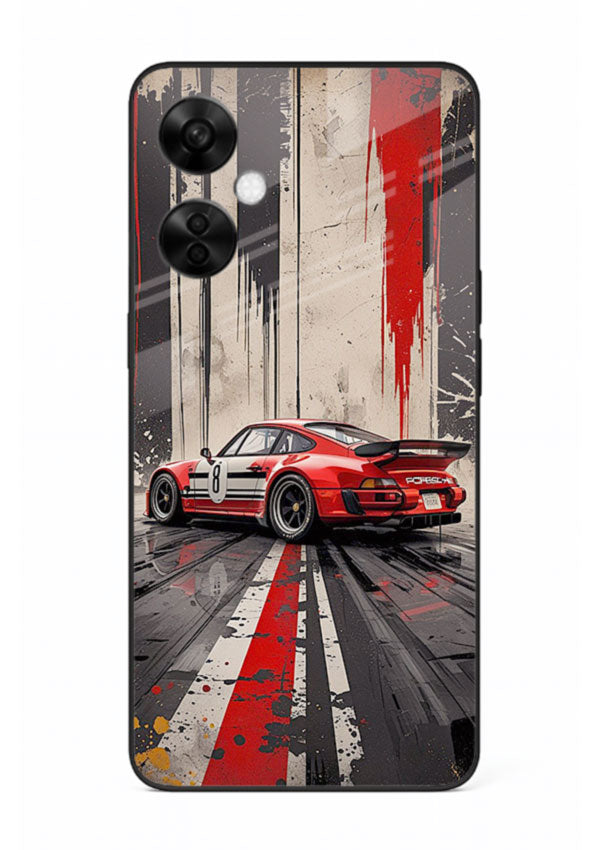 Porsche sports car with red and black stripes in urban street style background for OnePlus Nord CE3 Lite