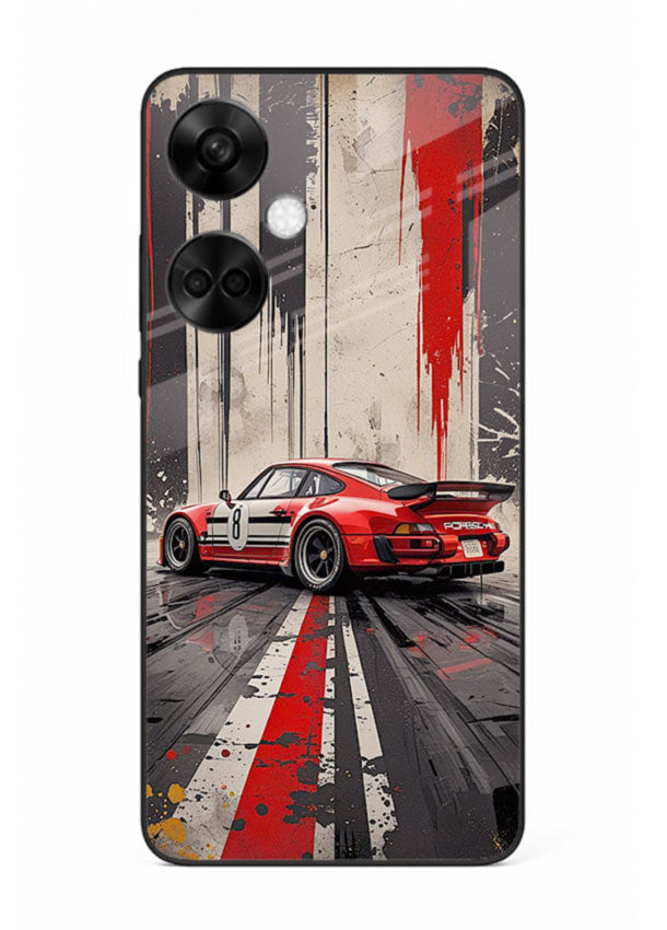 Porsche sports car with red and black stripes in urban street style background for OnePlus Nord CE3