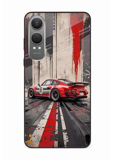Porsche sports car with red and black stripes in urban street style background for OnePlus Nord CE4 Lite