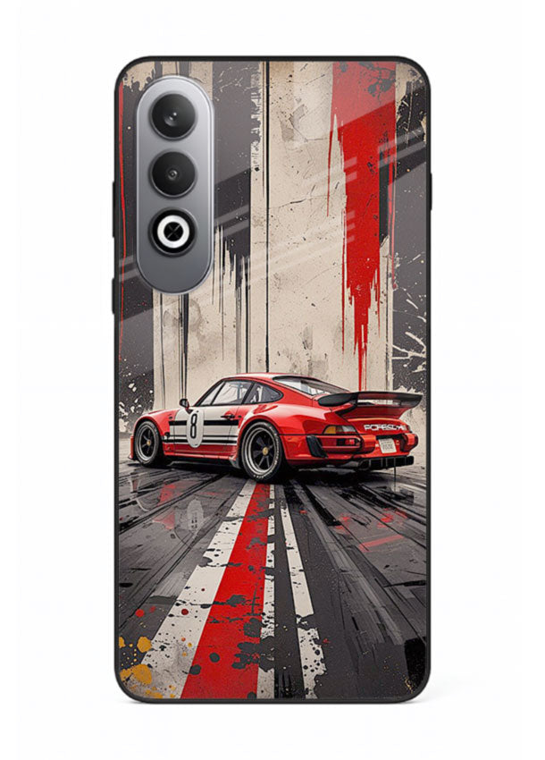 Porsche sports car with red and black stripes in urban street style background for OnePlus Nord CE4
