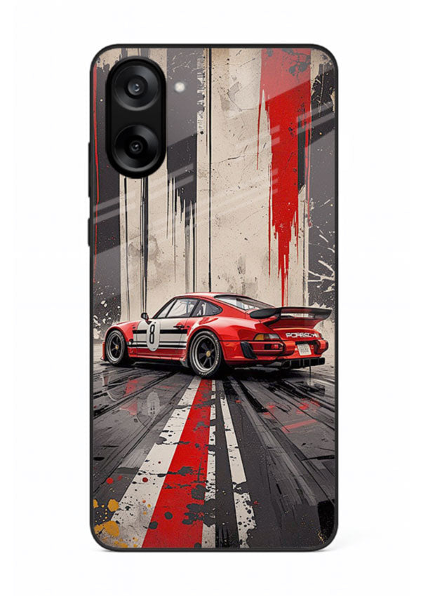 Porsche sports car with red and black stripes in urban street style background for OnePlus Nord CE5