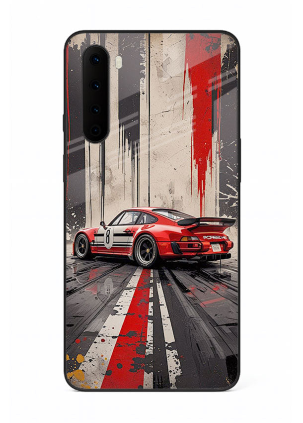 Porsche sports car with red and black stripes in urban street style background for OnePlus Nord