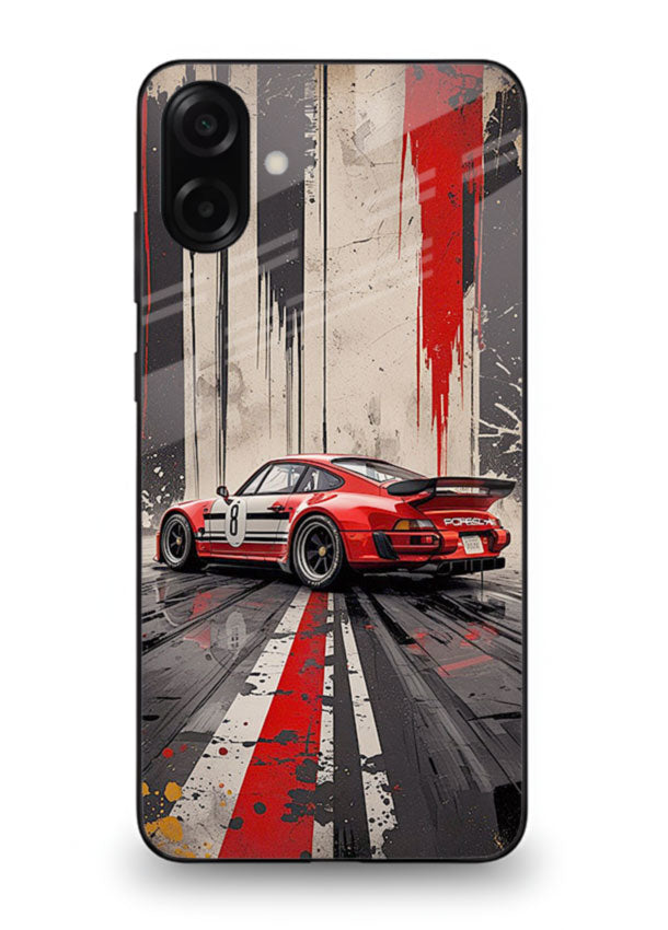 Porsche sports car with red and black stripes in urban street style background for Samsung M13 5G