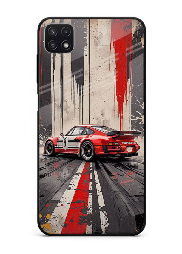 Porsche sports car with red and black stripes in urban street style background for Samsung F42 5G