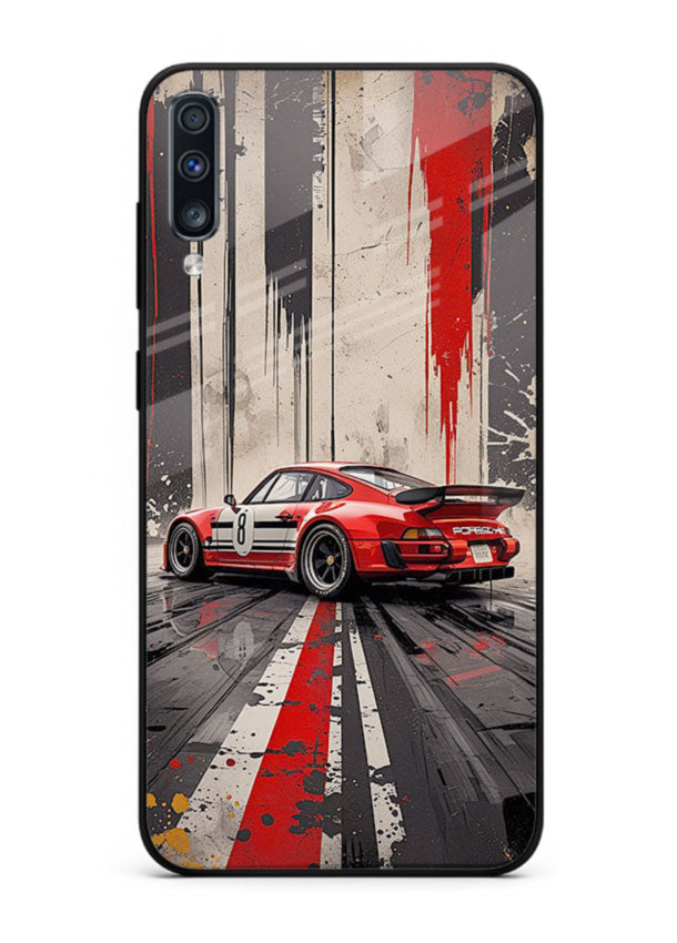 Porsche sports car with red and black stripes in urban street style background for Samsung A70
