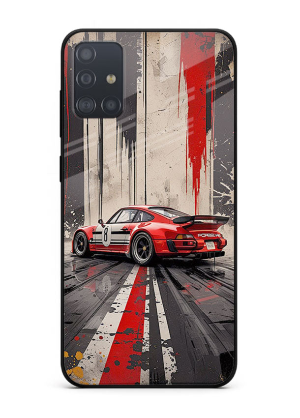 Porsche sports car with red and black stripes in urban street style background for Samsung A71