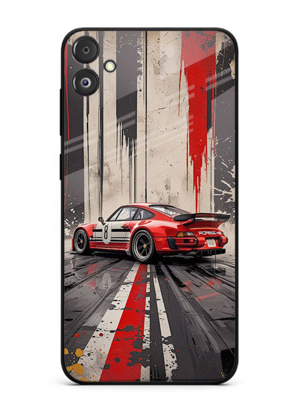 Porsche sports car with red and black stripes in urban street style background for Samsung F14 5G