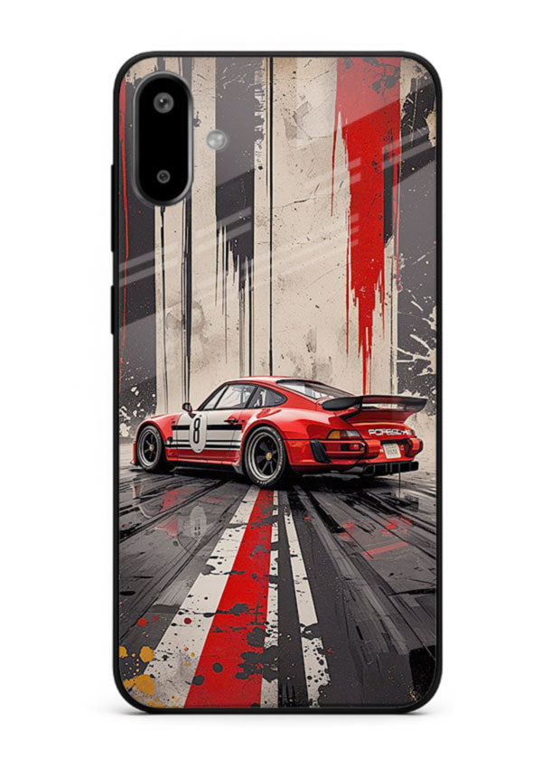 Porsche sports car with red and black stripes in urban street style background for Samsung F06 5G