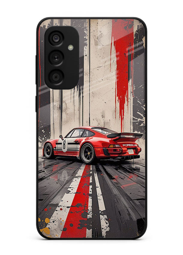 Porsche sports car with red and black stripes in urban street style background for Samsung M15 5G