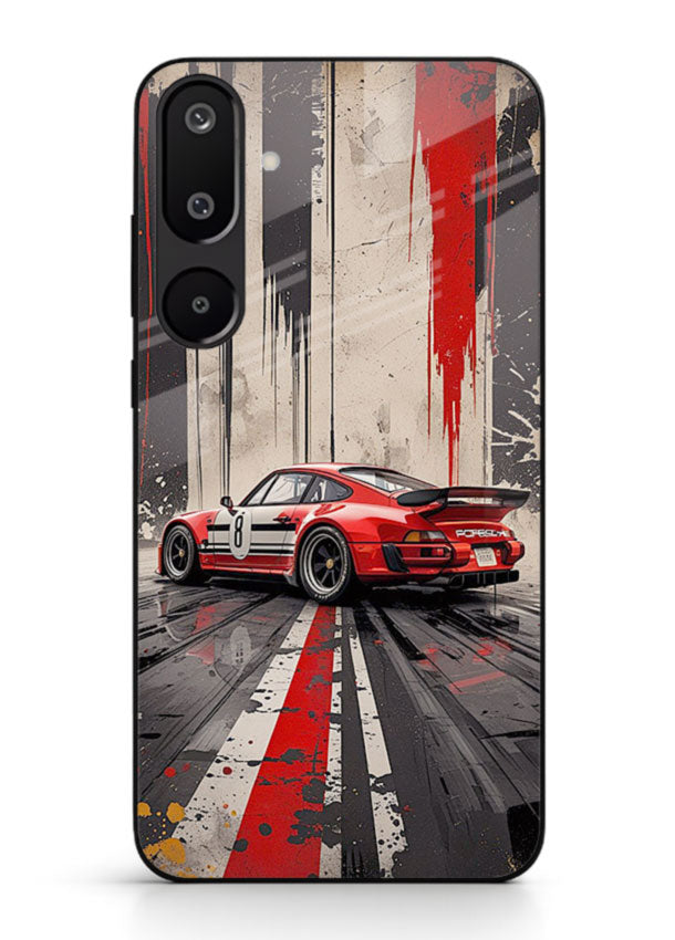 Porsche sports car with red and black stripes in urban street style background for Samsung M16 5G