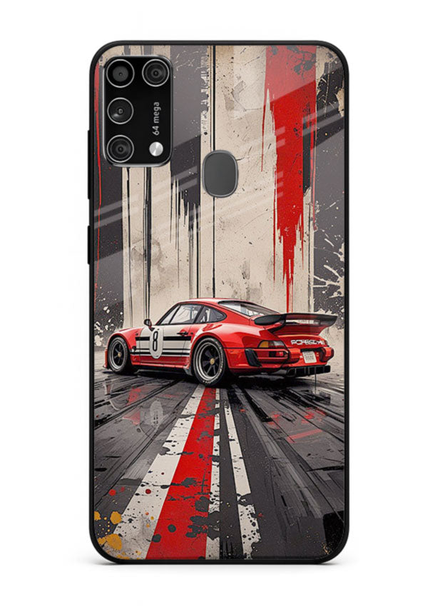 Porsche sports car with red and black stripes in urban street style background for Samsung M31