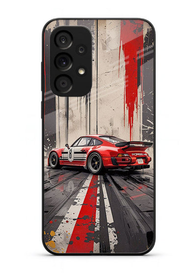 Porsche sports car with red and black stripes in urban street style background for Samsung M32 5G