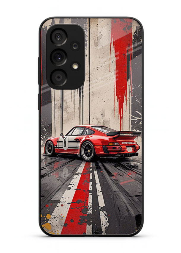 Porsche sports car with red and black stripes in urban street style background for Samsung M32 5G