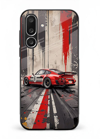 Porsche sports car with red and black stripes in urban street style background for Samsung M56 5G