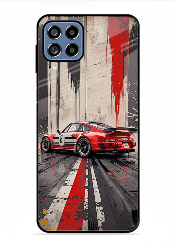 Porsche sports car with red and black stripes in urban street style background for Samsung M53 5G