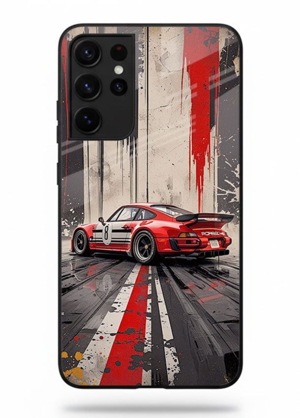 Porsche sports car with red and black stripes in urban street style background for Samsung S21 Ultra