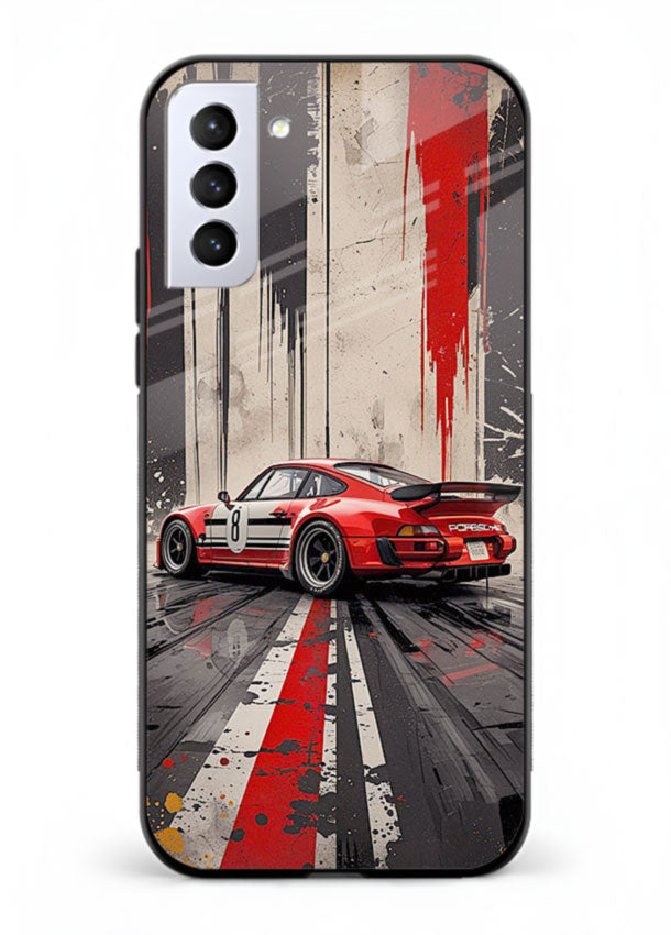 Porsche sports car with red and black stripes in urban street style background for Samsung S22