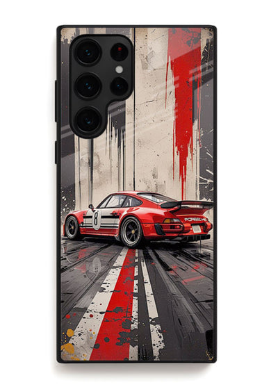 Porsche sports car with red and black stripes in urban street style background for Samsung S25 Ultra