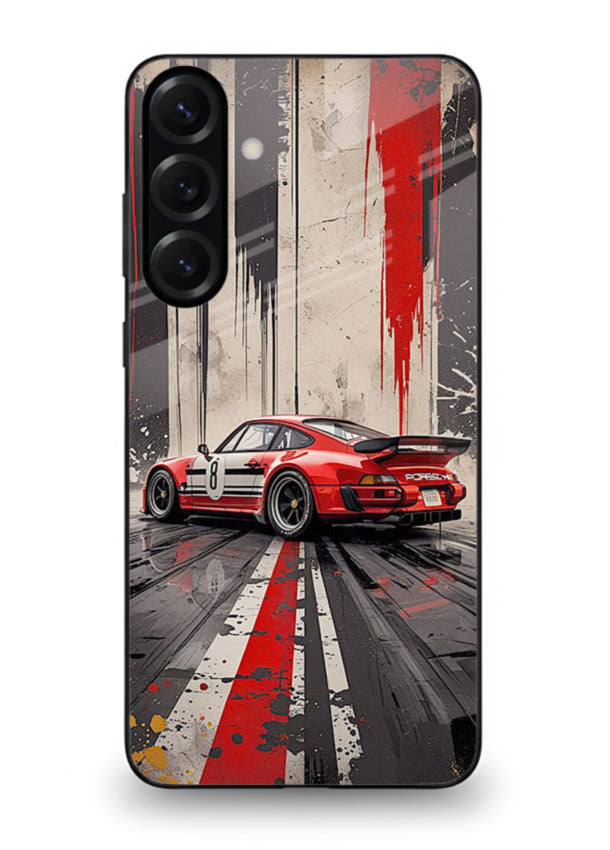 Porsche sports car with red and black stripes in urban street style background for Samsung S25