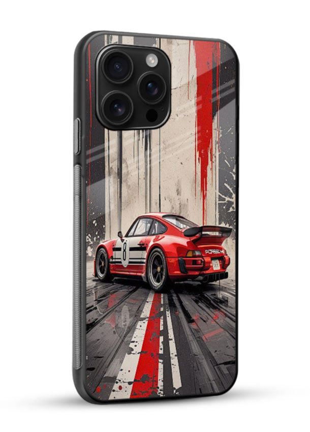 Porsche sports car with red and black stripes in urban street style background - 2