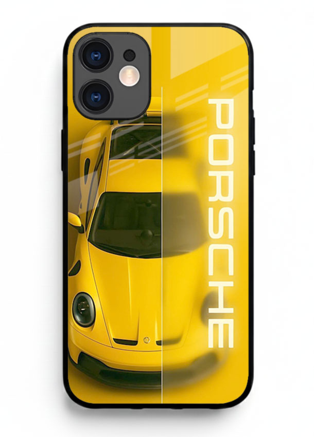 Yellow Porsche car top view minimal aesthetic design on solid background for iPhone 12 Mini