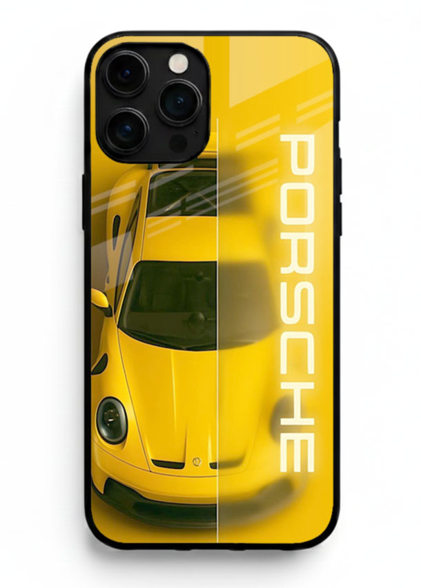 Yellow Porsche car top view minimal aesthetic design on solid background for iPhone 16 Pro Max