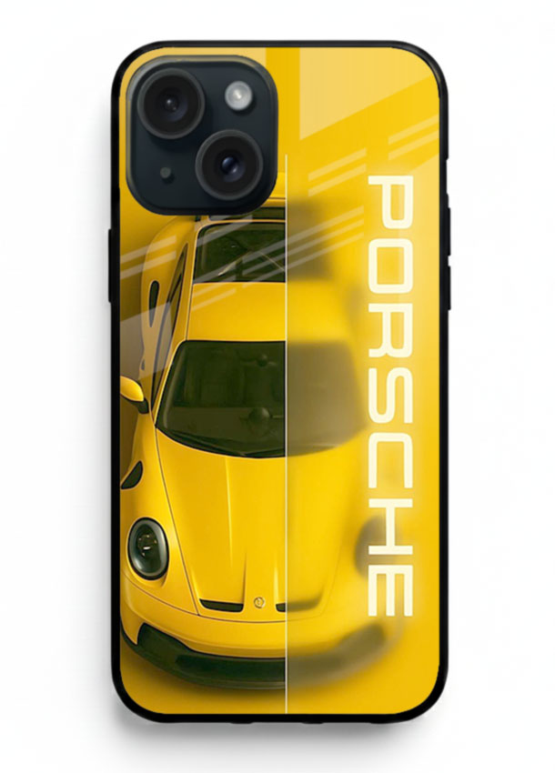 Yellow Porsche car top view minimal aesthetic design on solid background for iPhone 15 Plus