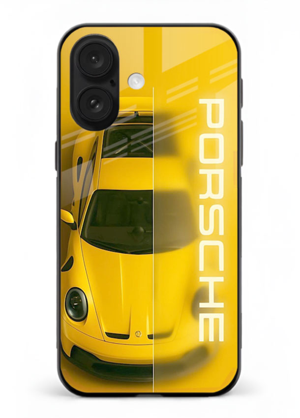 Yellow Porsche car top view minimal aesthetic design on solid background for iPhone 18