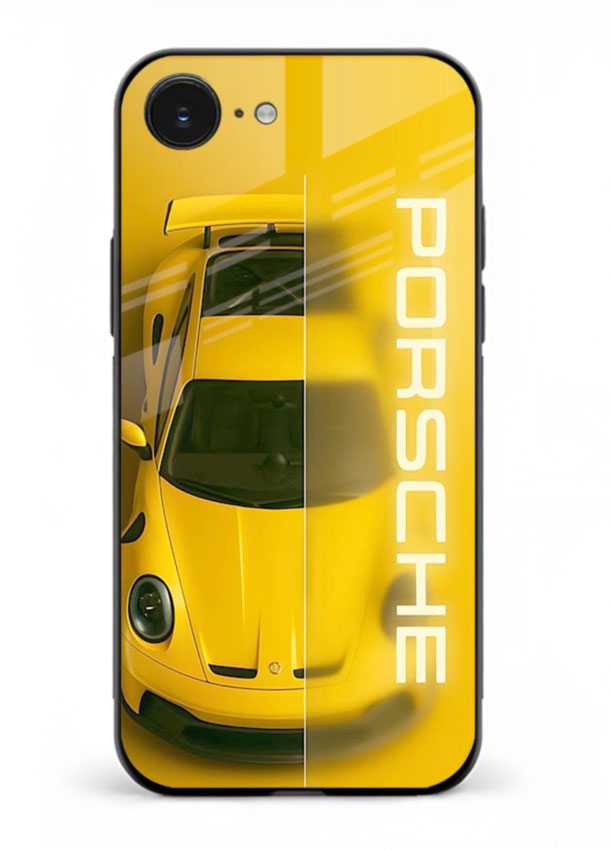 Yellow Porsche car top view minimal aesthetic design on solid background for iPhone 16E