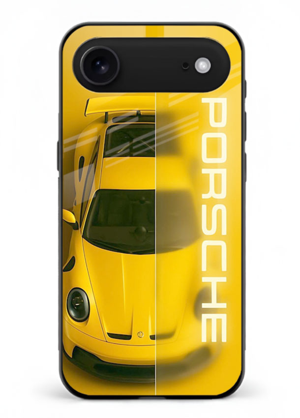 Yellow Porsche car top view minimal aesthetic design on solid background for iPhone 18 Air