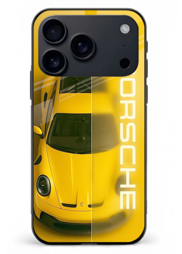 Yellow Porsche car top view minimal aesthetic design on solid background for iPhone 18 Pro Max