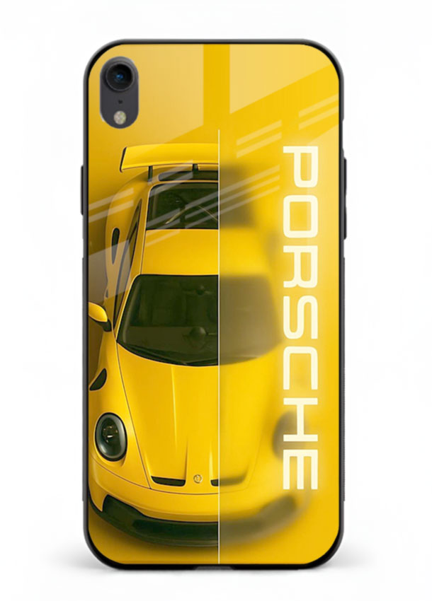 Yellow Porsche car top view minimal aesthetic design on solid background for iPhone XR