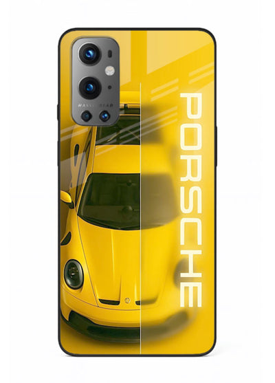 Yellow Porsche car top view minimal aesthetic design on solid background for OnePlus 9