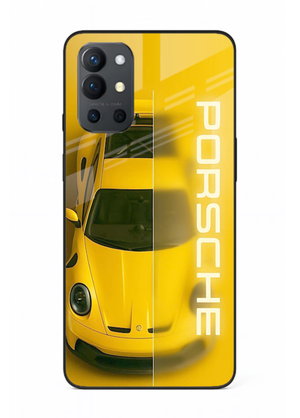 Yellow Porsche car top view minimal aesthetic design on solid background for OnePlus 9R