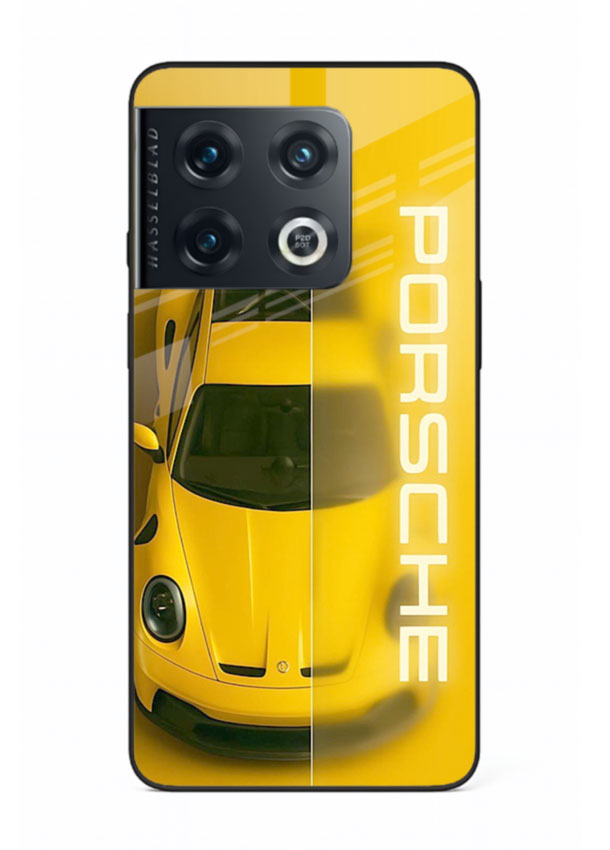 Yellow Porsche car top view minimal aesthetic design on solid background for OnePlus 10 Pro
