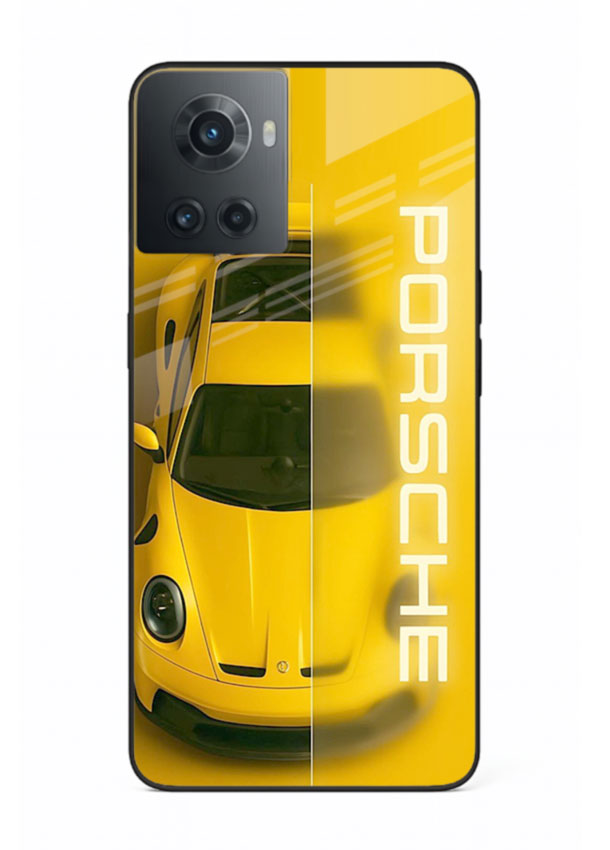 Yellow Porsche car top view minimal aesthetic design on solid background for OnePlus 10R