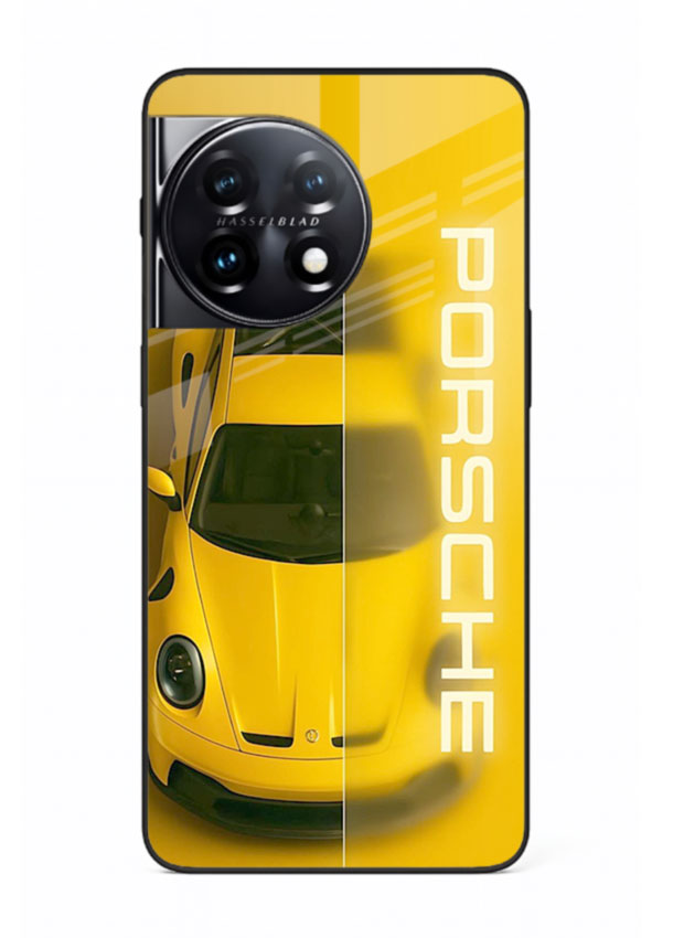 Yellow Porsche car top view minimal aesthetic design on solid background for OnePlus 11
