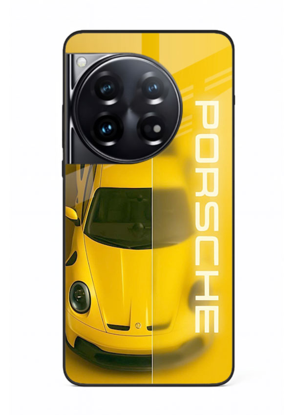 Yellow Porsche car top view minimal aesthetic design on solid background for OnePlus 12