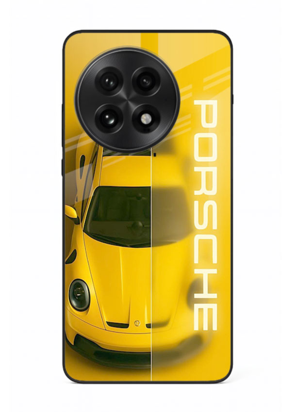 Yellow Porsche car top view minimal aesthetic design on solid background for OnePlus 13R