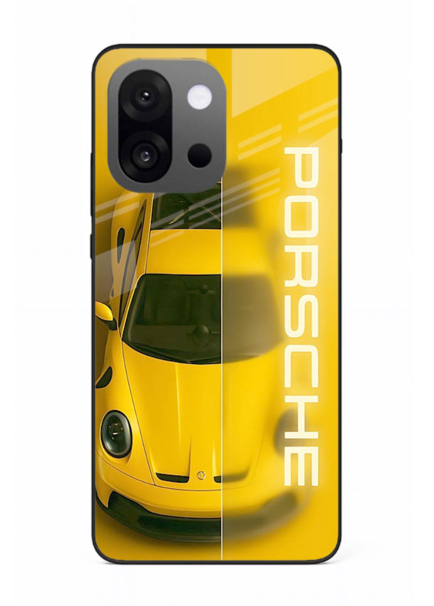 Yellow Porsche car top view minimal aesthetic design on solid background for OnePlus 13s