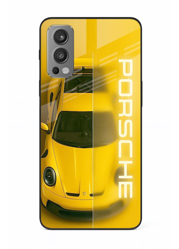 Yellow Porsche car top view minimal aesthetic design on solid background for OnePlus Nord 2