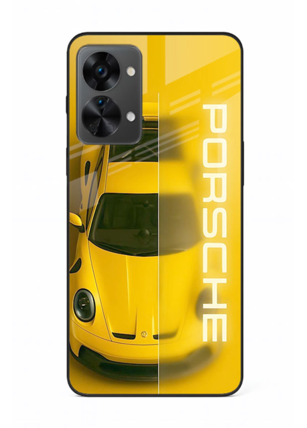Yellow Porsche car top view minimal aesthetic design on solid background for OnePlus Nord 2T