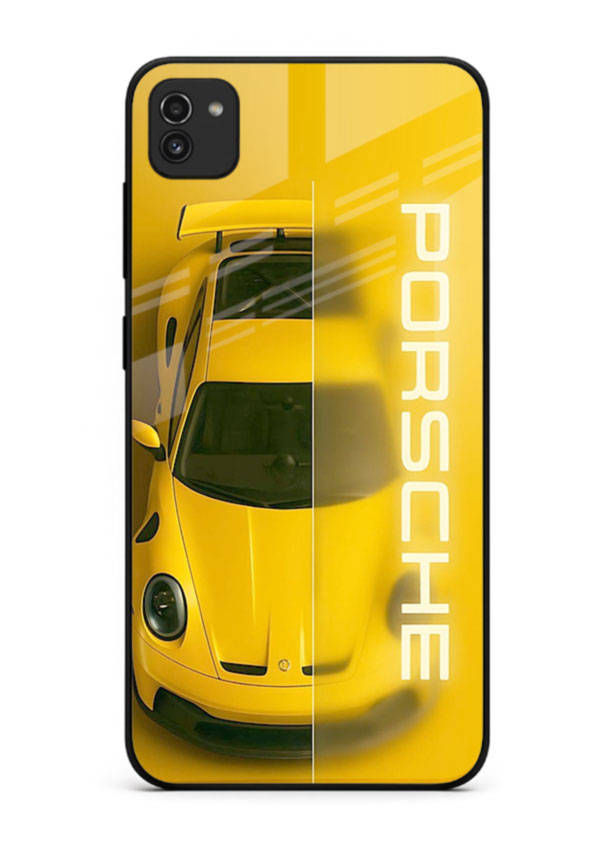 Yellow Porsche car top view minimal aesthetic design on solid background for Samsung A03