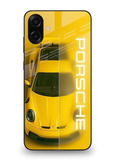 Yellow Porsche car top view minimal aesthetic design on solid background for Samsung M13 5G