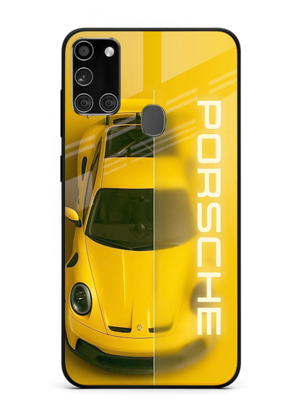 Yellow Porsche car top view minimal aesthetic design on solid background for Samsung A21s